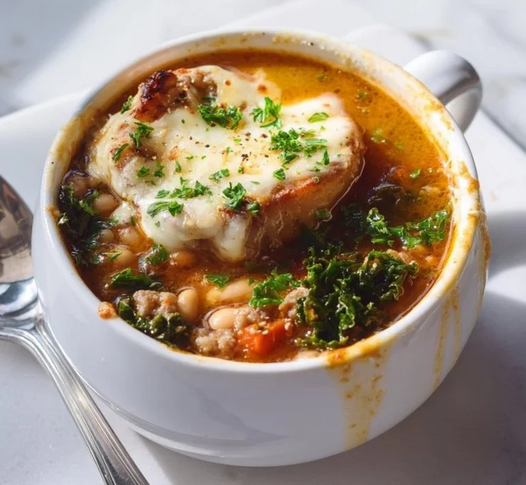 Mediterranean kale and white bean soup with sausage in a bowl