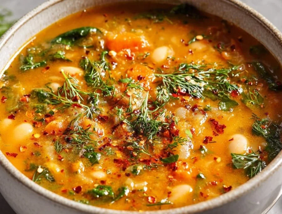 Bowl of Mediterranean white bean soup with spinach and fresh herbs garnished.