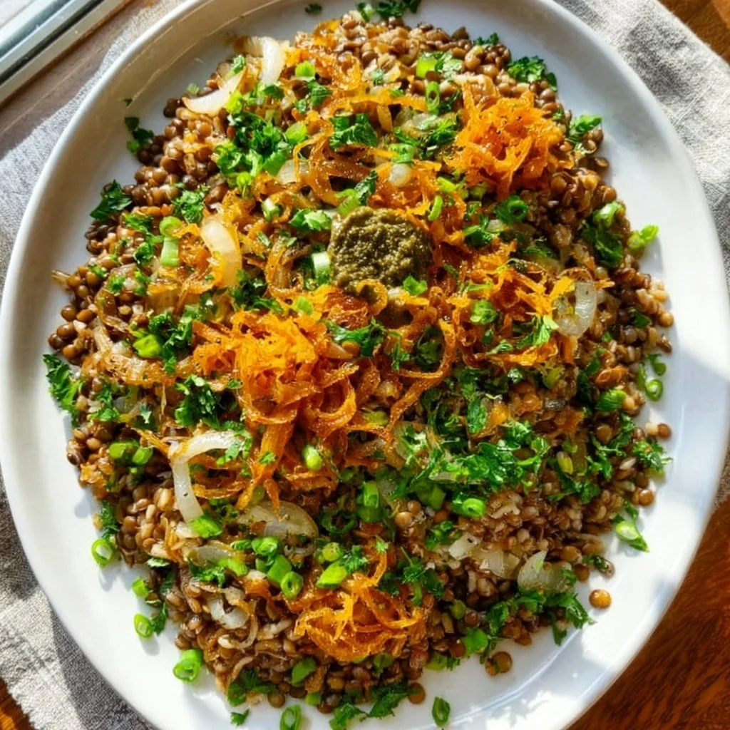 Bowl of Mujadara topped with caramelized onions, a delicious Lebanese dish