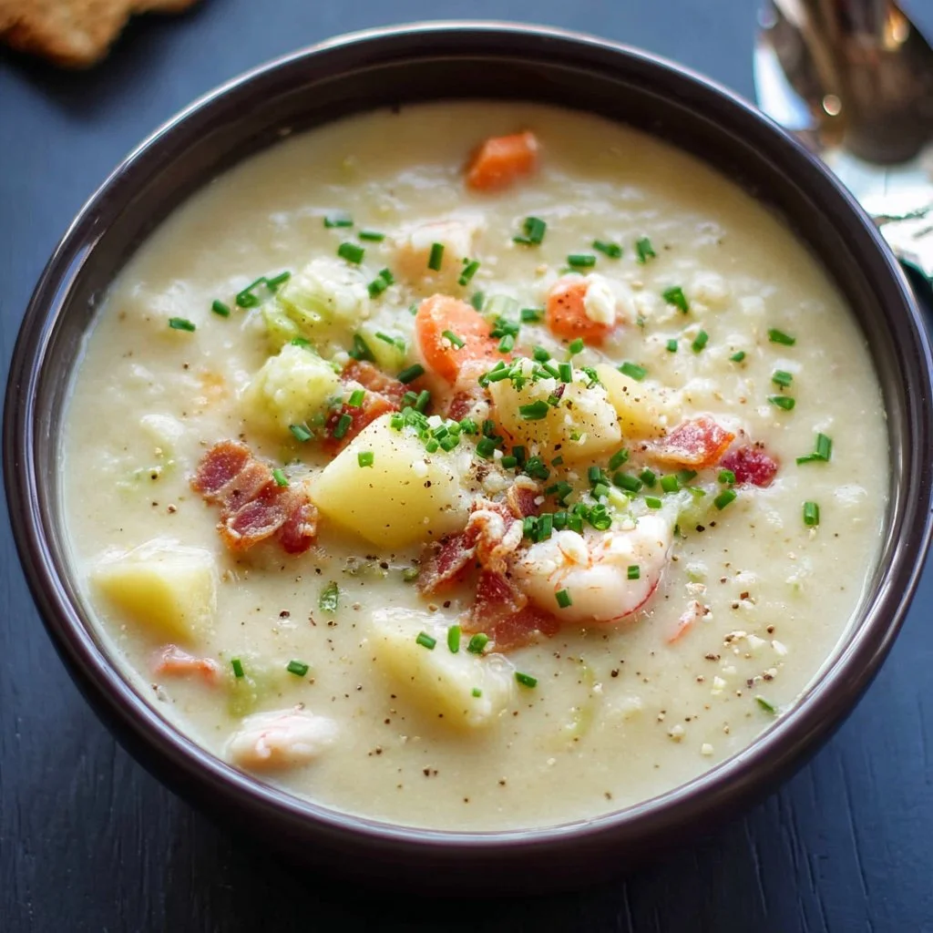 Bowl of creamy New England seafood chowder with clams, shrimp, and potatoes