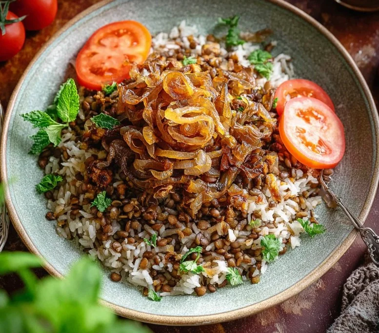One Pot Mujadara prepared with lentils, rice, and caramelized onions
