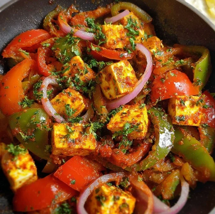 Colorful Paneer Jalfrezi with paneer cubes and mixed bell peppers in a spicy sauce