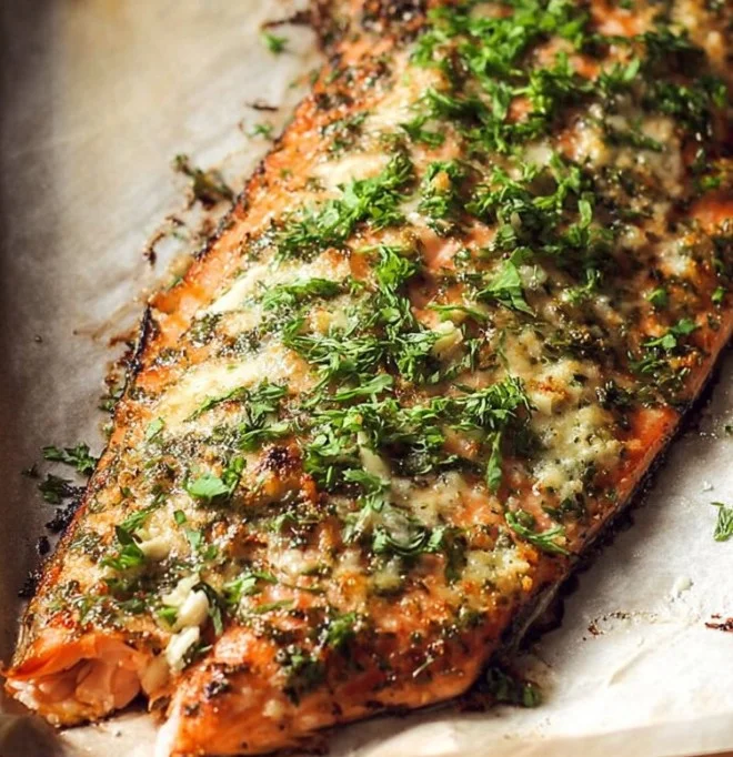 Parmesan Herb Salmon garnished with fresh herbs and lemon slices on a plate