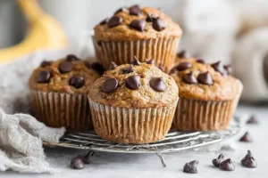 Delicious peanut butter banana muffins on a wooden table