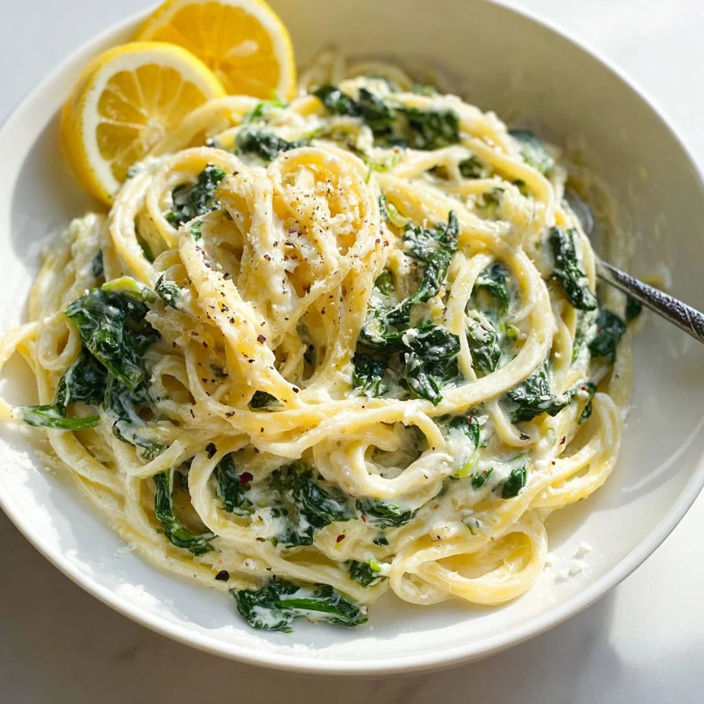 Creamy ricotta pasta with spinach served in a bowl, garnished with herbs
