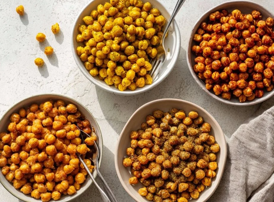 Bowl of crispy roasted chickpeas with spices and herbs
