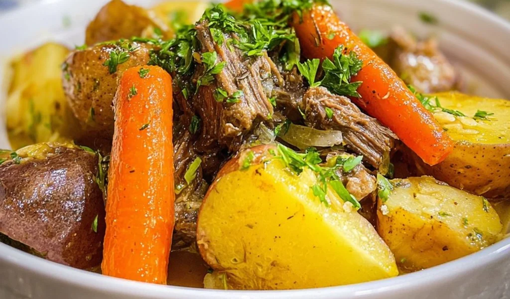 Slow Cooker Beef and Potatoes dish served in a bowl