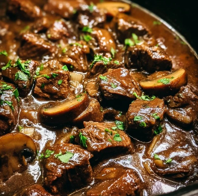 Delicious slow cooker beef tips served in a bowl with gravy and vegetables