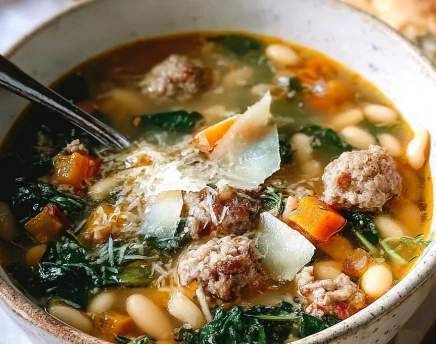 Bowl of Slow Cooker Tuscan White Bean Soup with Sausage garnished with herbs