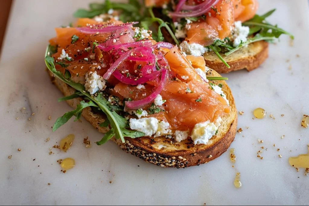 Smoked Salmon Cottage Cheese Toast topped with fresh herbs and spices