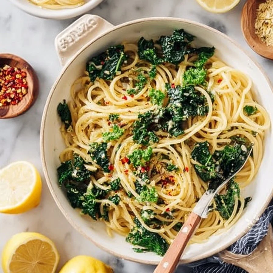 Plate of spaghetti with garlic and oil garnished with parsley and chili flakes