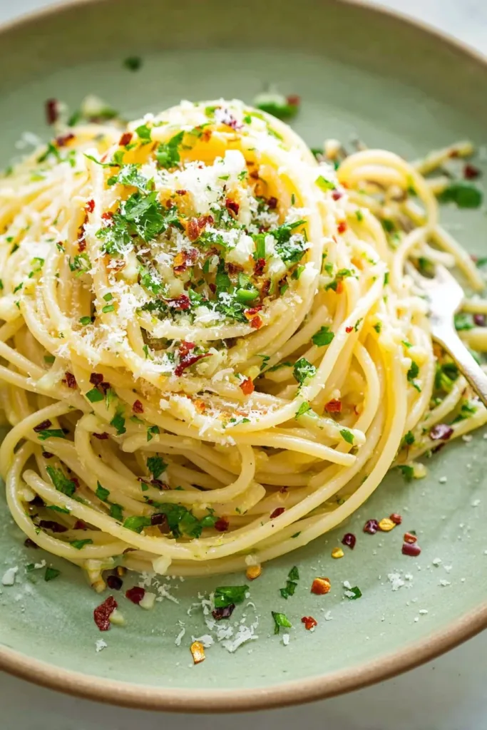 Plate of spaghetti with garlic and olive oil garnished with parsley.