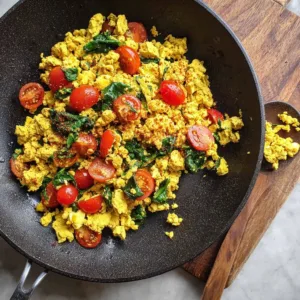 Tofu scramble with spinach and tomatoes served on a plate