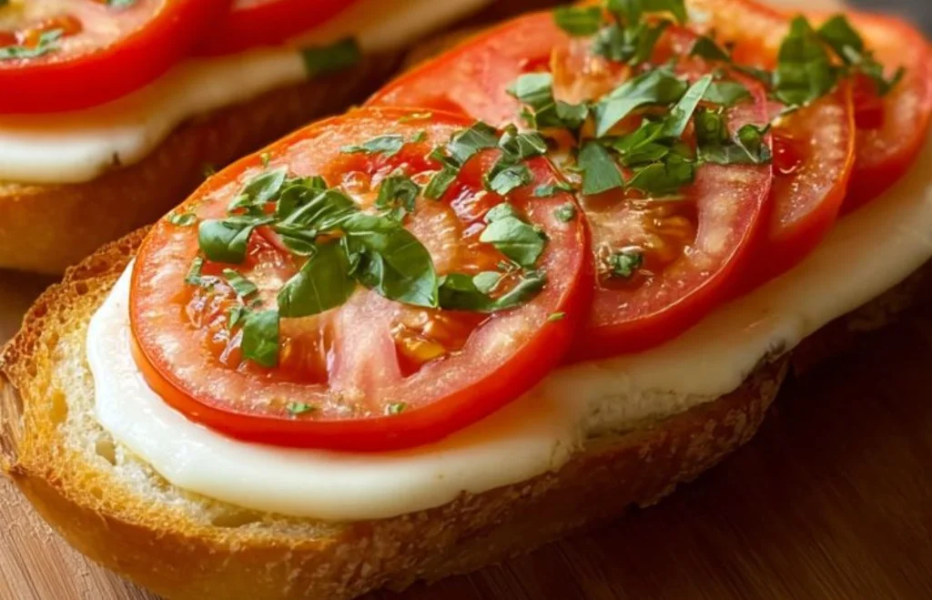 Delicious Tomato Basil Mozzarella Toasts garnished with fresh basil