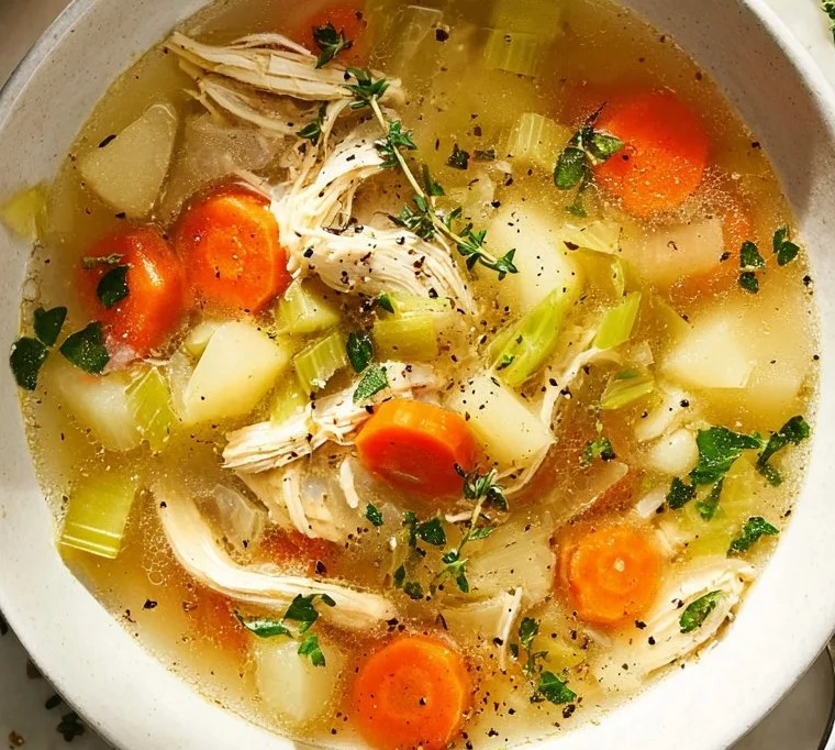 A bowl of ultimate chicken soup garnished with herbs and vegetables.