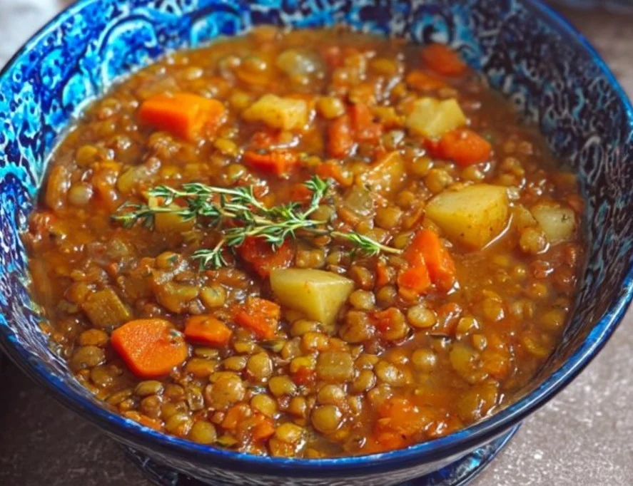 Bowl of delicious Vegan Lentil Stew filled with fresh vegetables and spices.