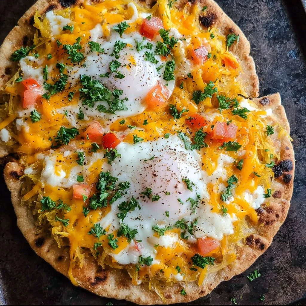 A delicious veggie-loaded breakfast flatbread topped with fresh vegetables and herbs.