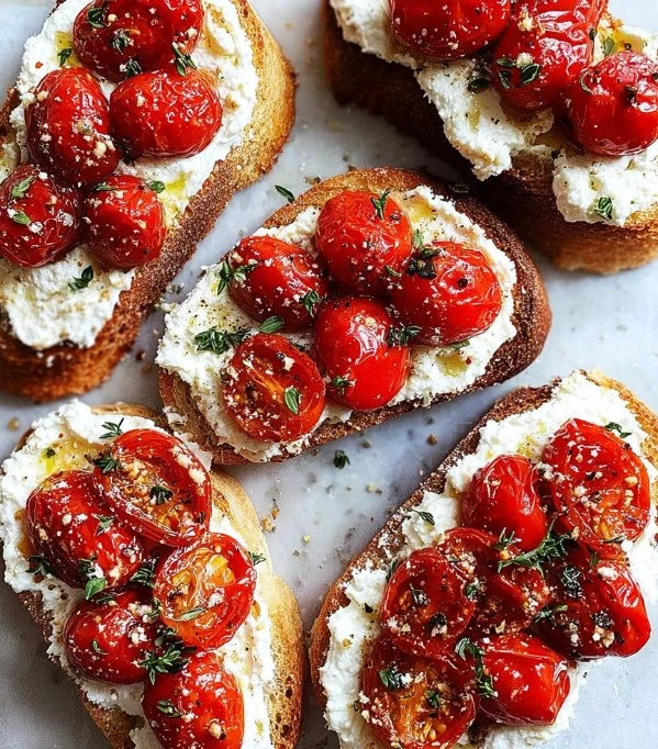 Whipped ricotta toast crostini topped with seasoned roasted tomatoes.