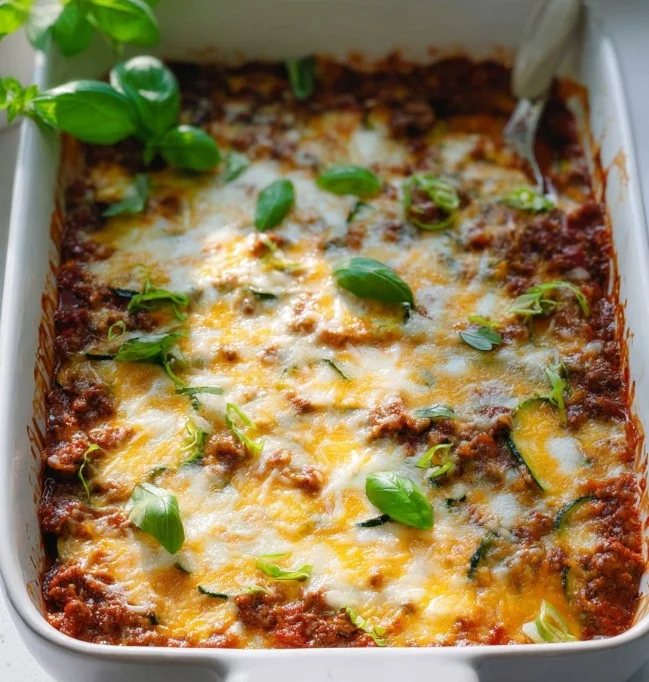 Delicious Zucchini Pizza Casserole with cheese and toppings served in a dish