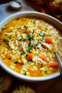 Bowl of delicious Chicken Pastina Soup with chicken, pasta, and herbs.