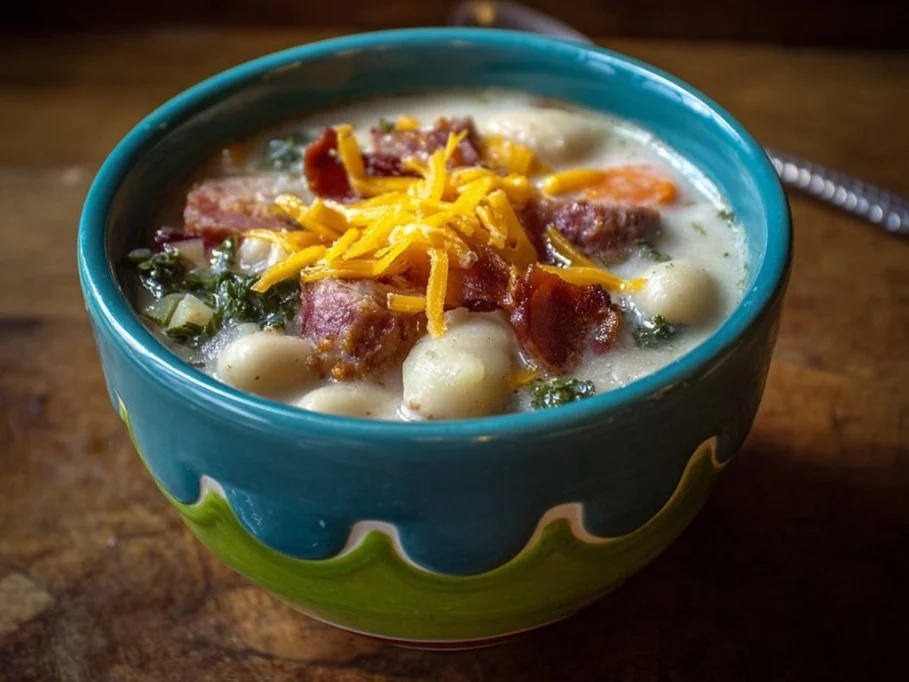 Cozy one-pot kale soup with beans and sausage in a bowl