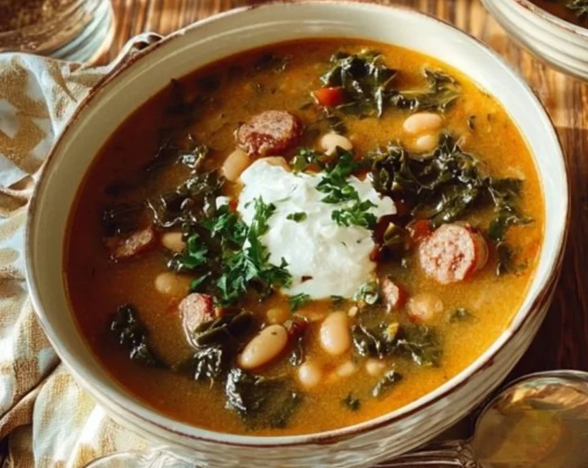A hearty bowl of kale, bean, and sausage soup in a cozy kitchen setting.