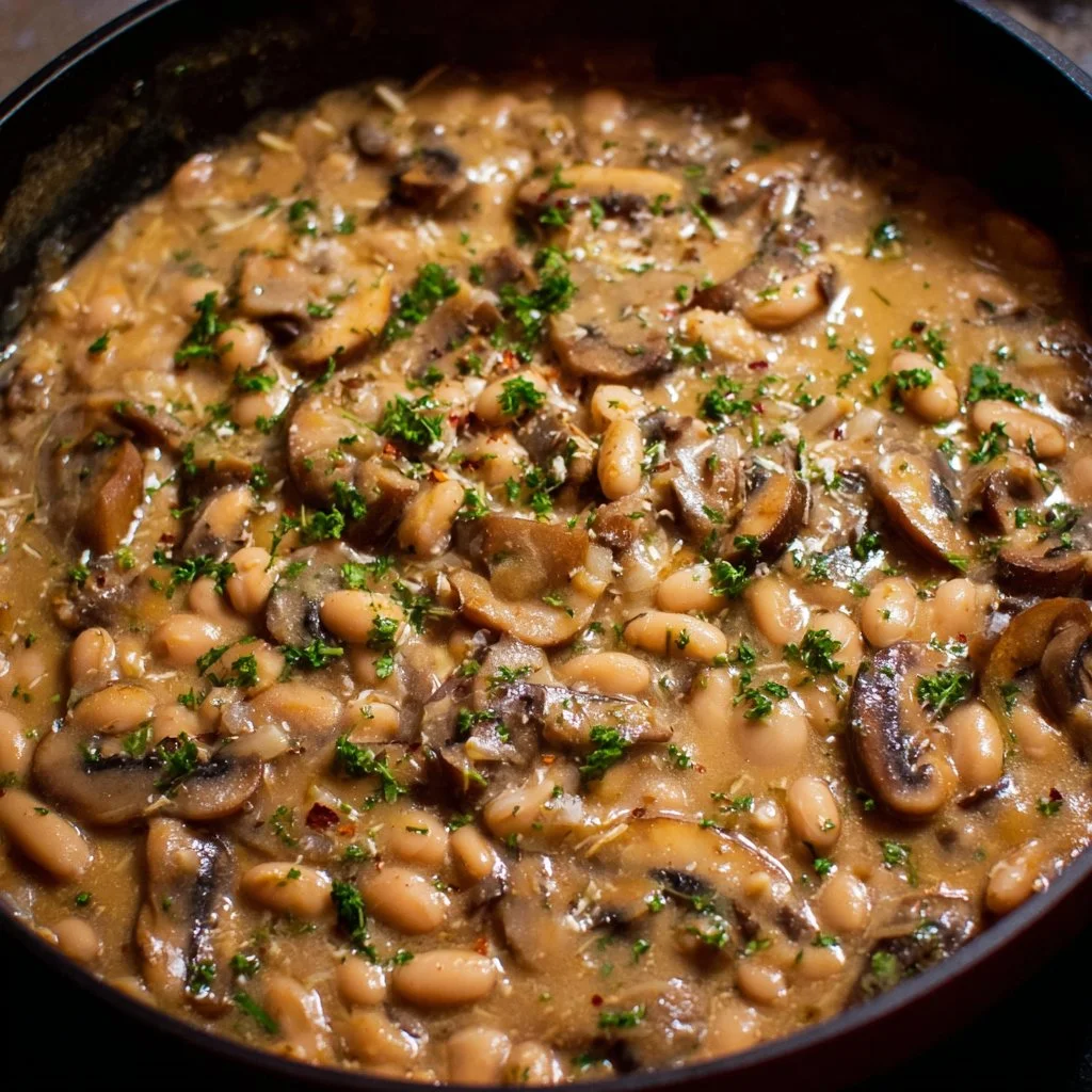 Creamy mushroom bean stroganoff high in protein served in a bowl