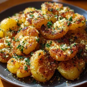 Crispy Garlic Butter Parmesan Smashed Potatoes served on a plate