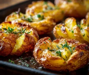 Crispy smashed potatoes topped with garlic butter in a serving dish