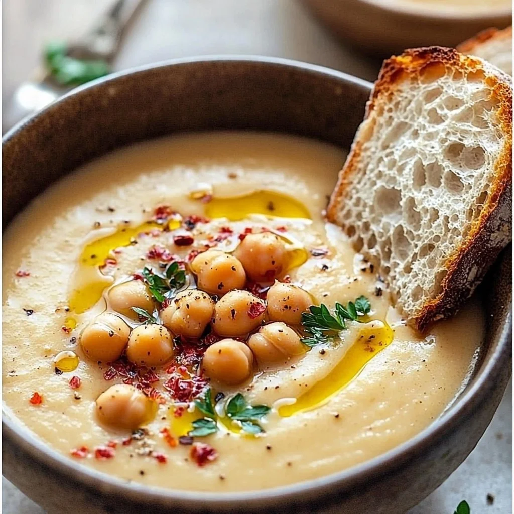 Bowl of garlic chickpea soup garnished with herbs and served with crusty bread