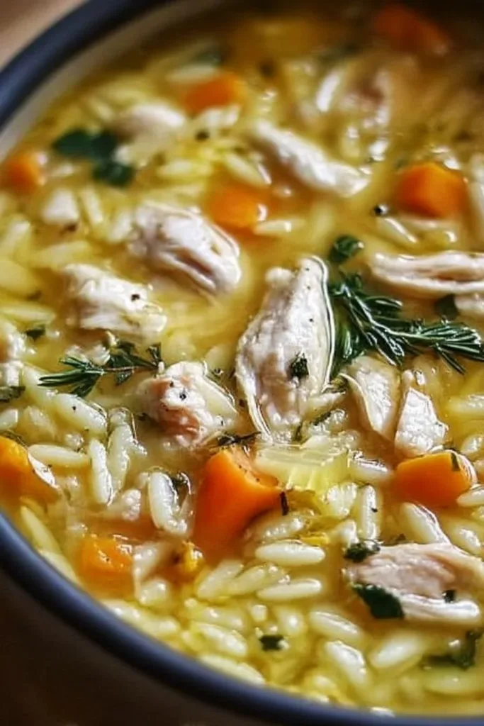 Bowl of Greek lemon chicken soup garnished with fresh herbs and lemon slices.