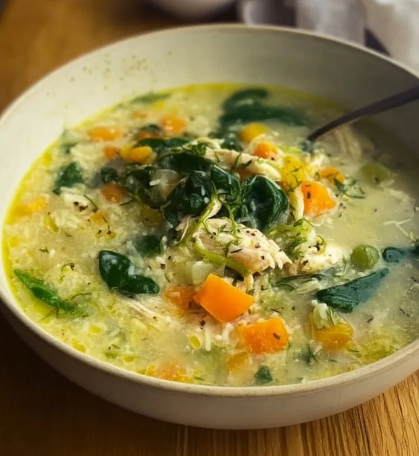 Bowl of Greek Lemon Chicken Soup (Avgolemono) garnished with fresh herbs