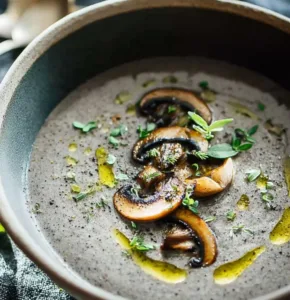 Bowl of healthy cream of mushroom soup garnished with parsley.