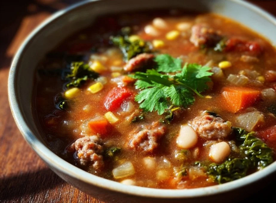 Hearty one-pot kale, bean, and sausage soup in a bowl