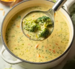 Bowl of high protein broccoli cheddar soup topped with cheese and broccoli florets.