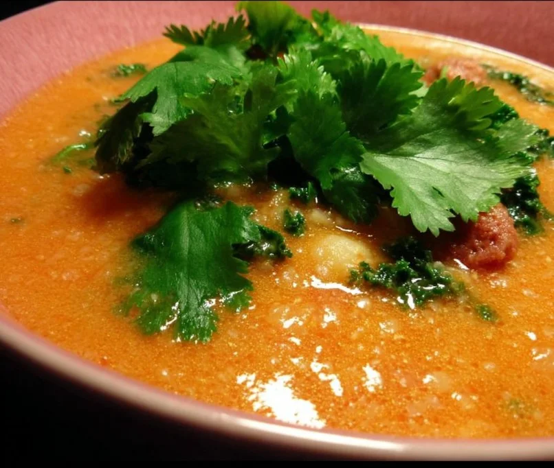 Bowl of hearty kale and white bean soup with sausage served with fresh herbs