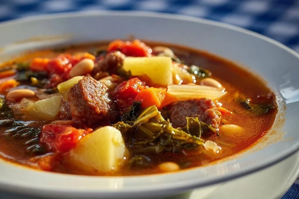 High-Protein Mediterranean Kale and White Bean Soup in a bowl, garnished with herbs