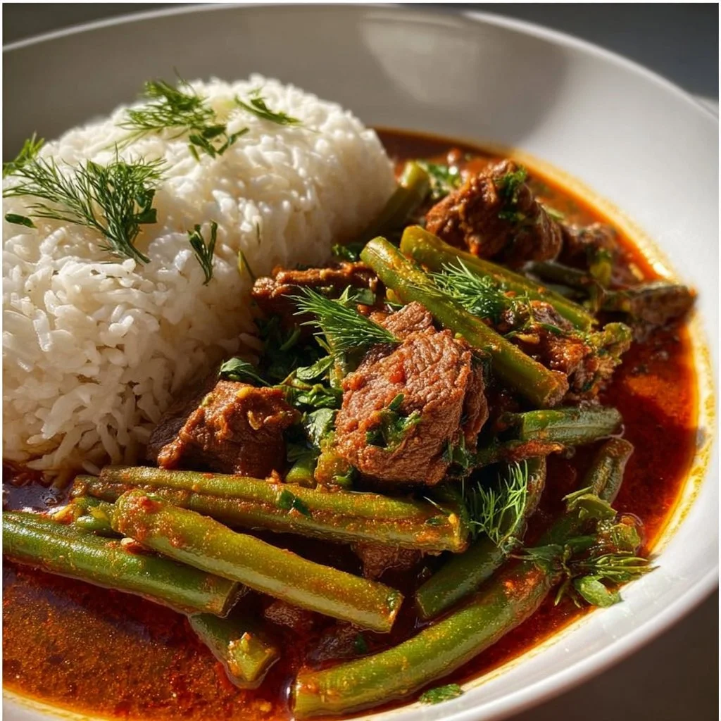Bowl of Lebanese green bean stew with herbs and spices for a cozy meal.