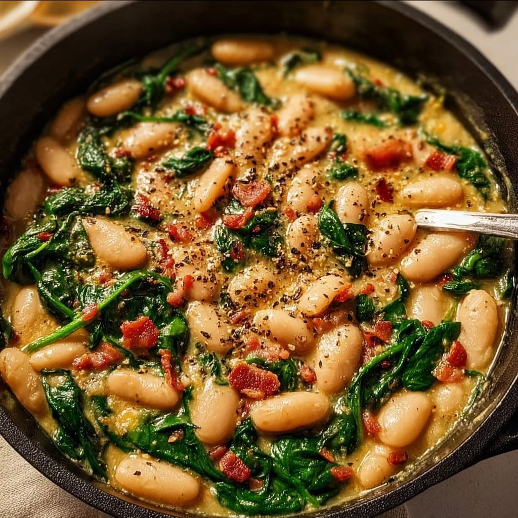 Hearty white bean and spinach skillet dish served in a rustic pan