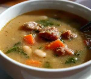 Bowl of Mediterranean Kale & White Bean Soup garnished with herbs and olive oil