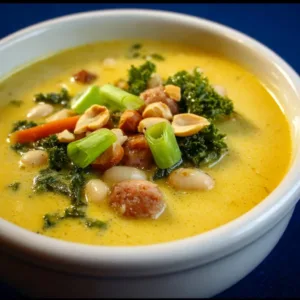 Bowl of Mediterranean Kale & White Bean Soup garnished with fresh herbs.