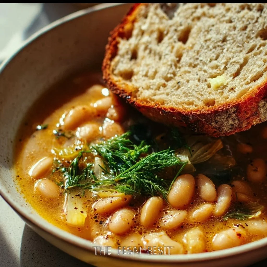 Bowl of One-Pot Brothy Beans with fresh herbs and lemon slice on top
