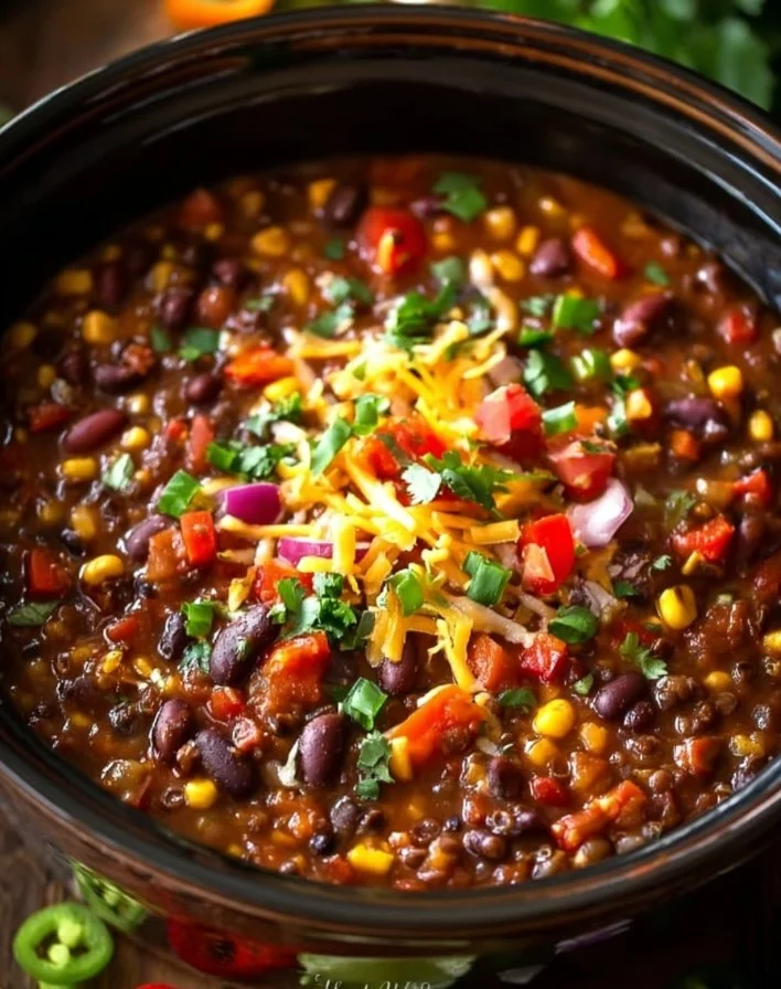 Slow cooker lentil taco chili in a bowl garnished with cilantro.
