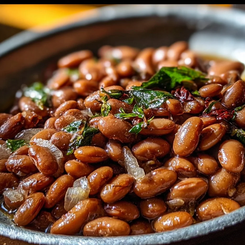 Bowl of tender creamy pinto beans rich in protein and flavor