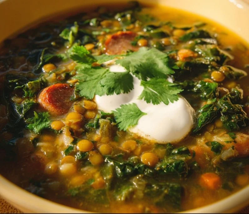 Bowl of kale and white bean soup with sausage, garnished with herbs, healthy meal.