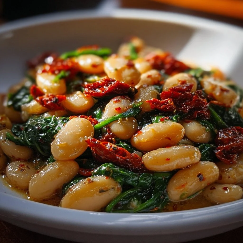 Delicious Tuscan Butter Beans dish with spinach and sun-dried tomatoes