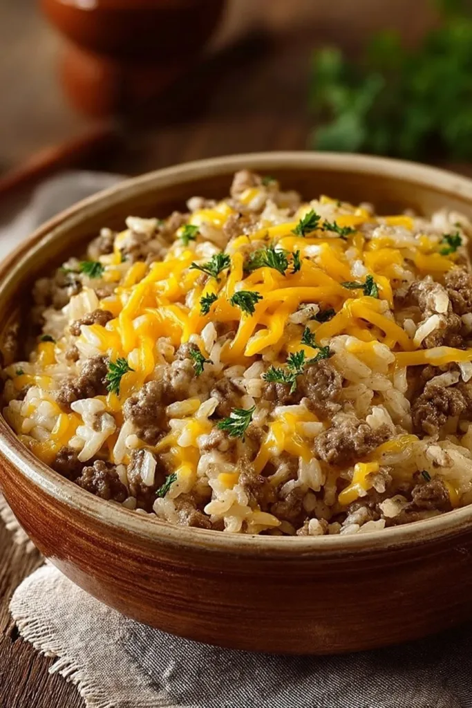 Cheesy hamburger rice casserole served in a dish, perfect for an easy meal