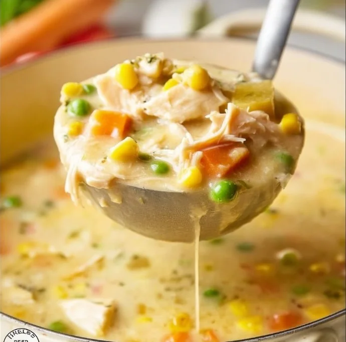 Delicious Chicken Pot Pie Soup in a bowl with herbs and vegetables