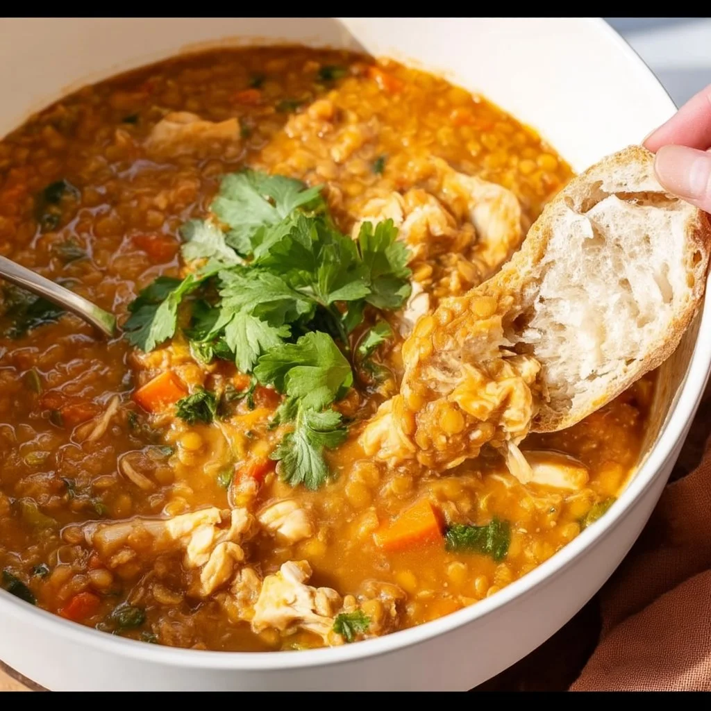 Bowl of chicken soup with lentils and vegetables, garnished with herbs