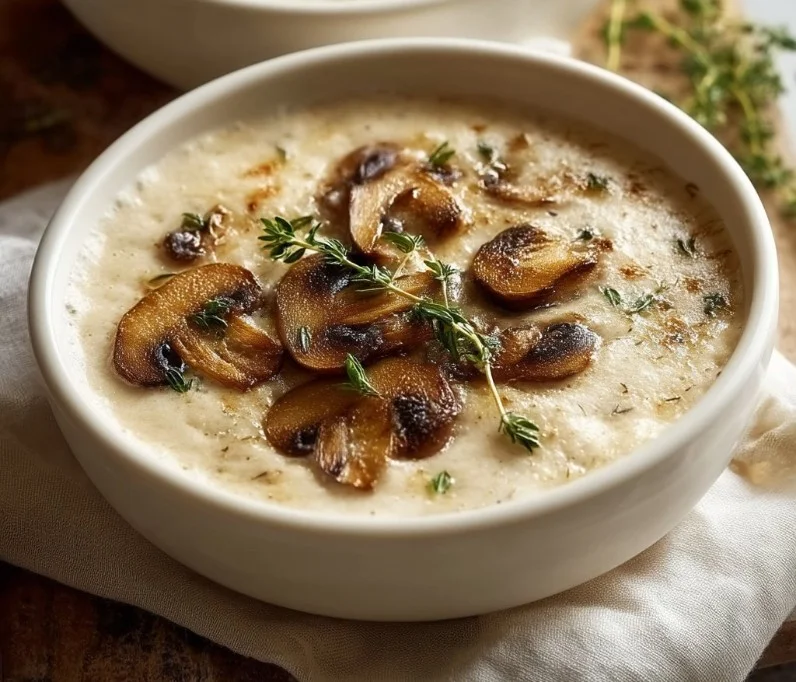 Creamy cottage cheese mushroom soup in a bowl on a wooden table